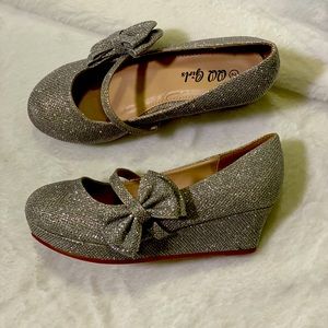 QQ Girls Silver Sparkle Wedge Dress Shoe